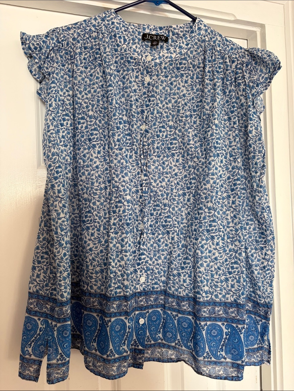 J. Crew Blue and White Floral Button-Down Blouse